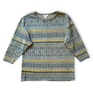 Vanity Aztec Sweater Womens Size M Green Ethnic Boho Thick Fleece 3/4 Sleeve USA